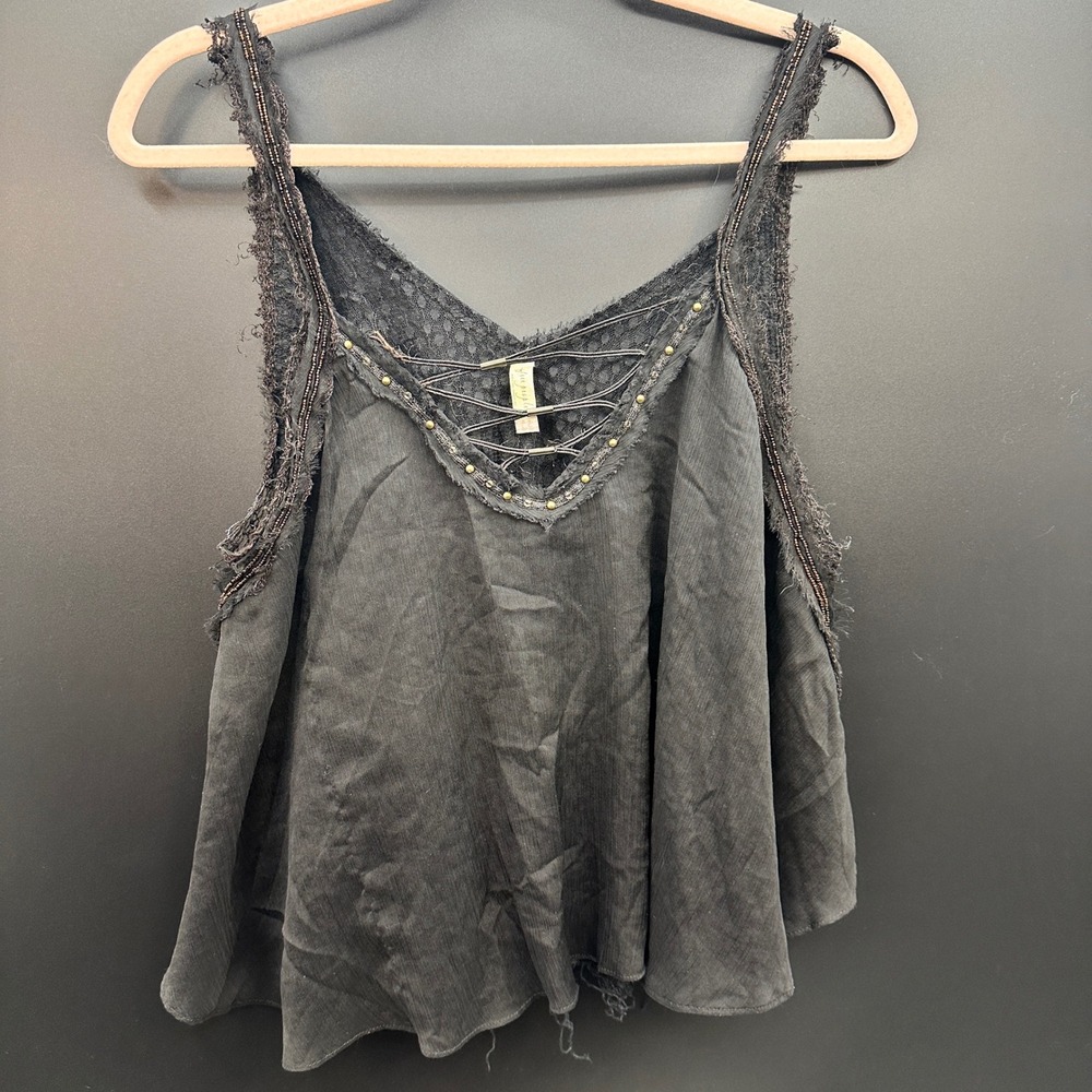 Free People Lace Crochet Beaded Cami Top L Boho Frayed Strappy Black